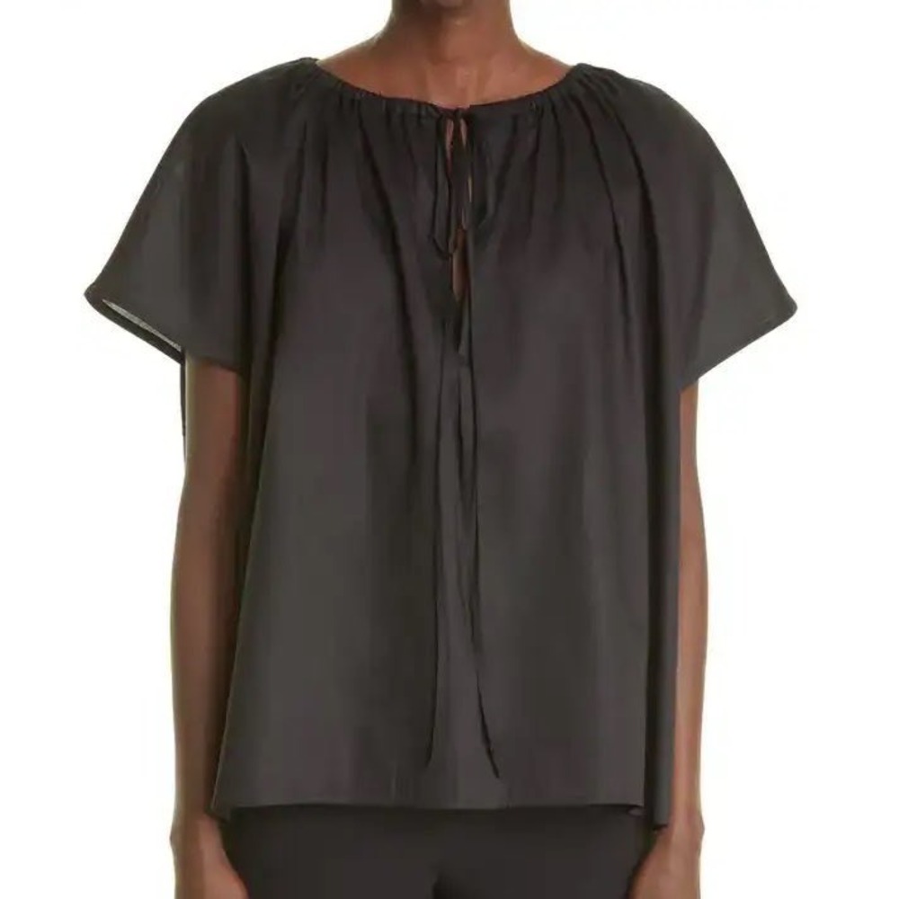 Toteme Draped Tunic‎ Blouse in Black Gathered Tie Neck Short Sleeve - 40 / 10